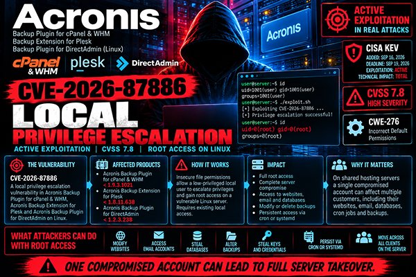 stem__shop's tweet photo. 🔴 Acronis CVE-2026-87886 — active exploitation

Local privilege escalation can give attackers root access on vulnerable cPanel, Plesk and DirectAdmin Linux hosting servers. CISA added the flaw t

https://t.co/RTDC2JU2rG

#CVE #CVE202687886 #Acronis #cPanel #Plesk #CyberSecurity https://t.co/LBD87LZ97n