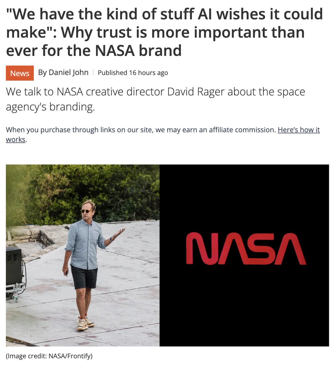 iino_design's tweet photo. NASAのデザイン責任者が、ブランド表現でAI画像の使用を禁止にしたとのこと。

理由は、NASAの画像を見た人が「本物だと信じられること」を守るため👀

企業の信頼を守るための素晴らしい決断ですね。

引用元記事↪︎ https://t.co/u5DdsC2Zwl