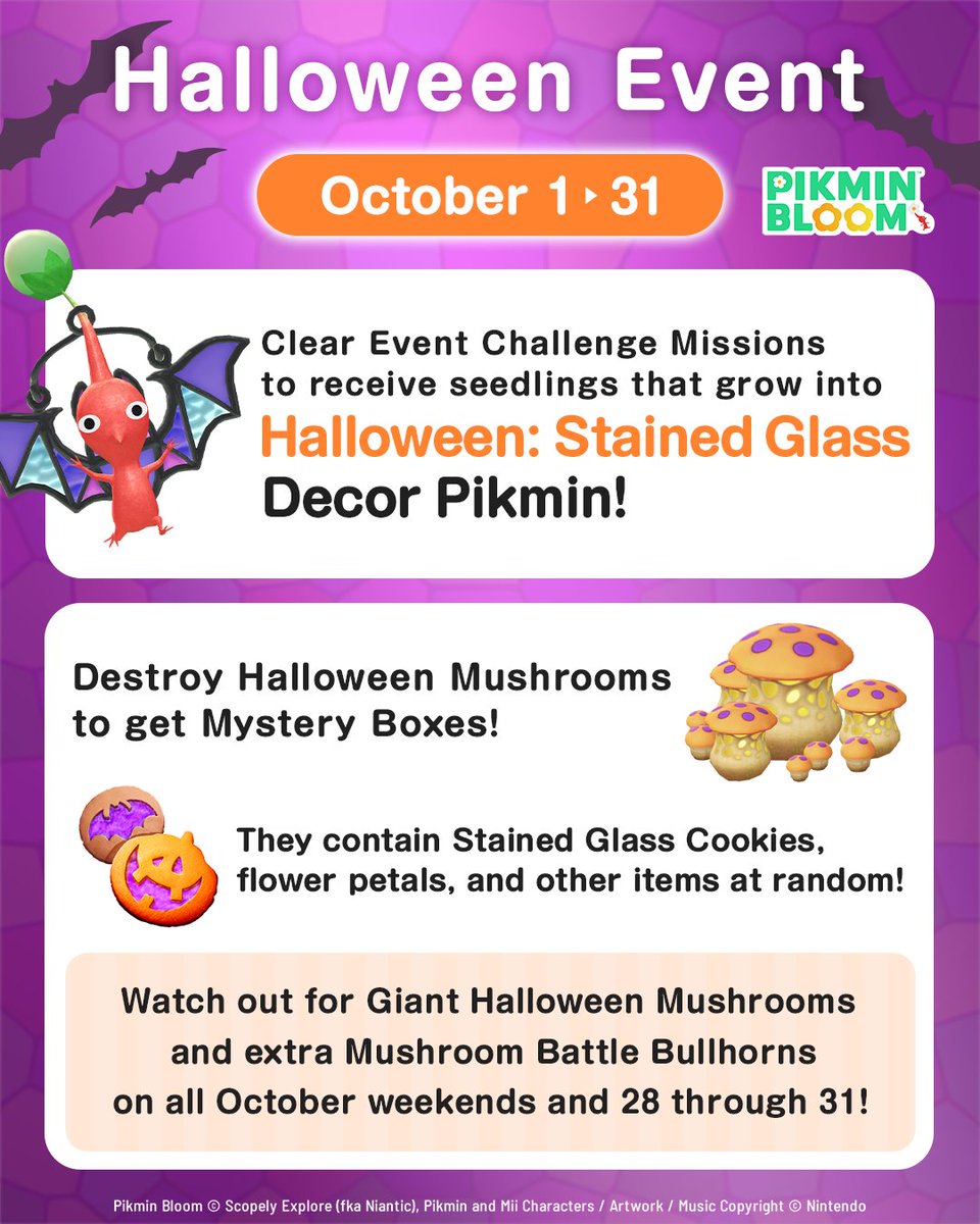 PikminBloom's tweet photo. 🎃 Something colorful is creeping into Pikmin Bloom this October... 👀

The Halloween Event begins October 1, featuring brand-new Halloween: Stained Glass Decor Pikmin! Their colorful stained-glass designs bring a whole new glow to spooky season 👻✨

Complete Event Challenge missions to meet them throughout the month, and see what else is lurking in our blog 🕸️

https://t.co/GOKfRpReYQ