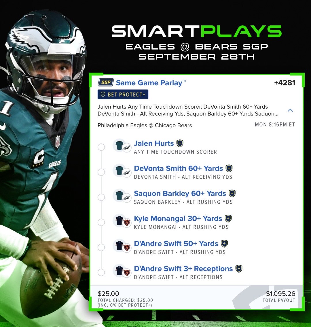 SmartPlaysDaily's tweet photo. Let’s turn $25 into $1,000 on a Monday Night 🏈 https://t.co/EAFAWnLybS