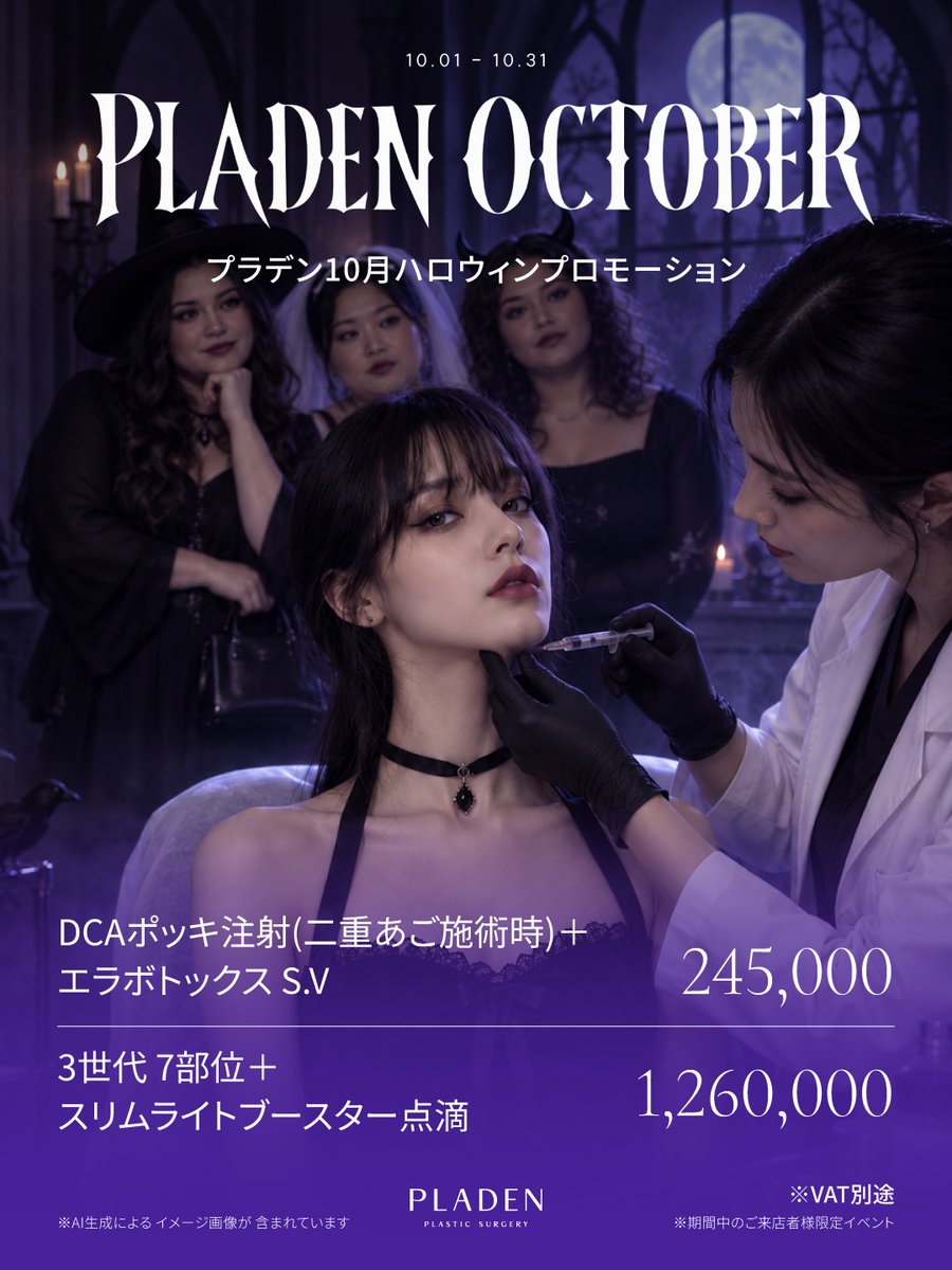 PLADENPSJAPAN's tweet photo. 🎃👻 これ全部無料で当たる！？ 👻🎃
◥◣ PLADEN 10月 HALLOWEEN EVENT ◢◤
今年のハロウィンは、
お菓子ではなく美容をプレゼント🎁🖤
フォロー＋RT＋コメントでご応募いただけます✨
抽選で下記からお好きな施術を1つ無料でプレゼントいたします！

🎃 𝐀. 人気スキンブースター
リトゥオ or リジュラン＋クーリングケア
⚡ 𝐁. ウルセラ
🕸️ 𝐂. カスタマイズ糸リフト
🎃 𝐃. 3世代ポッキ注射 3部位
皆様はどの施術が気になりますか？😊
A / B / C / D からお選びいただき、コメントで教えてください👇❤️
━━━━━━━━━━━━━━
〖 🎃 応募方法 〗
① このポストをRT 🔃
② @PLADENPSJAPAN をフォロー
③ A〜Dからご希望の施術をコメント💬
📅 応募期間｜10月1日〜10月30日
当選された方には個別DMにてご連絡いたします📩
━━━━━━━━━━━━━━
10月は👻 PLADEN HALLOWEEN MONTH 🎃

フェイスライン・肌管理・ボディ・フィラー・ボトックスまで、10月限定のスペシャルメニューをご用意しております🪄

韓国旅行に合わせて美容メンテナンスをされたい方も、ぜひご利用ください✈️🇰🇷
周りに気づかれないくらい自然に、こっそりキレイに🤫💜
PLADENでは、
ご予約 → ご来院 → カウンセリング → 施術まで
1:1の日本語通訳を無料でサポートしております🇯🇵✨
韓国美容が初めての方も、
気になることがございましたらお気軽にご相談ください🎃

#韓国美容 #韓国美容クリニック #韓国美容整形 #韓国旅行 #ソウル美容 #ハロウィンイベント #リトゥオ #リジュラン #ウルセラ #糸リフト #ポッキ注射
