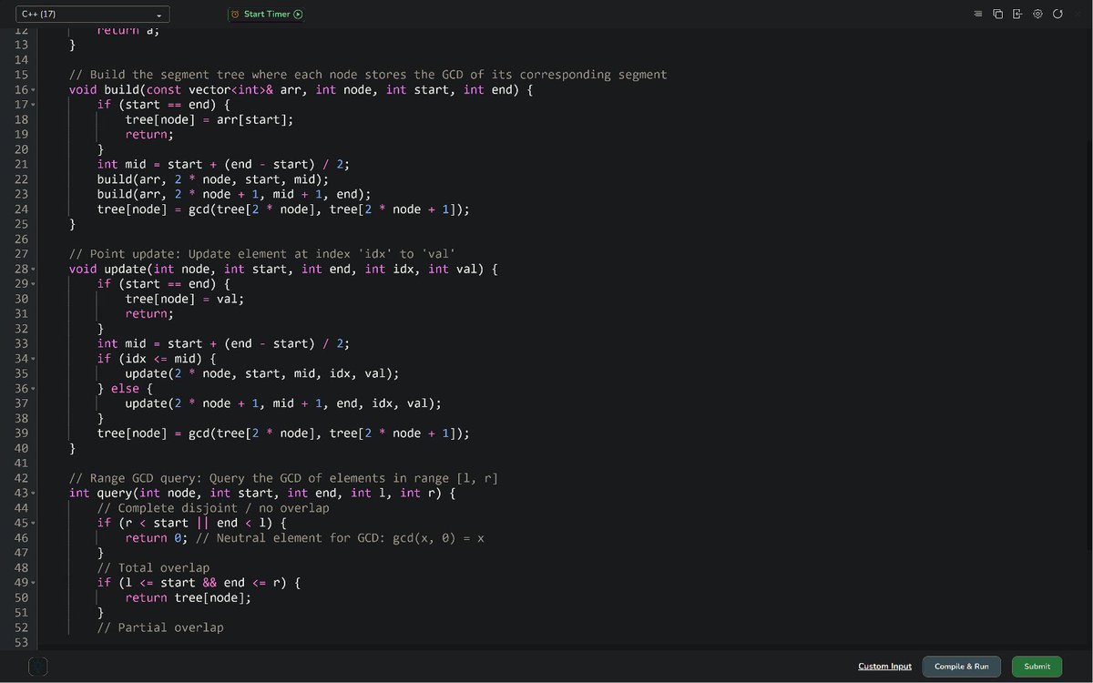 PankajB42550's tweet photo. 🚀 #Day 244/100 – Range GCD Queries (@geeksforgeeks)

💡Key: Segment Tree for associative range GCD + point updates. Neutral element = 0 (gcd(x,0)=x). O(log n) per query/update.

⌛O((n+q) log n) | O(n)

#100DaysOfCode #DSA #SegmentTree #GCD #RangeQuery #DAY244 https://t.co/7mQIWHyhGL