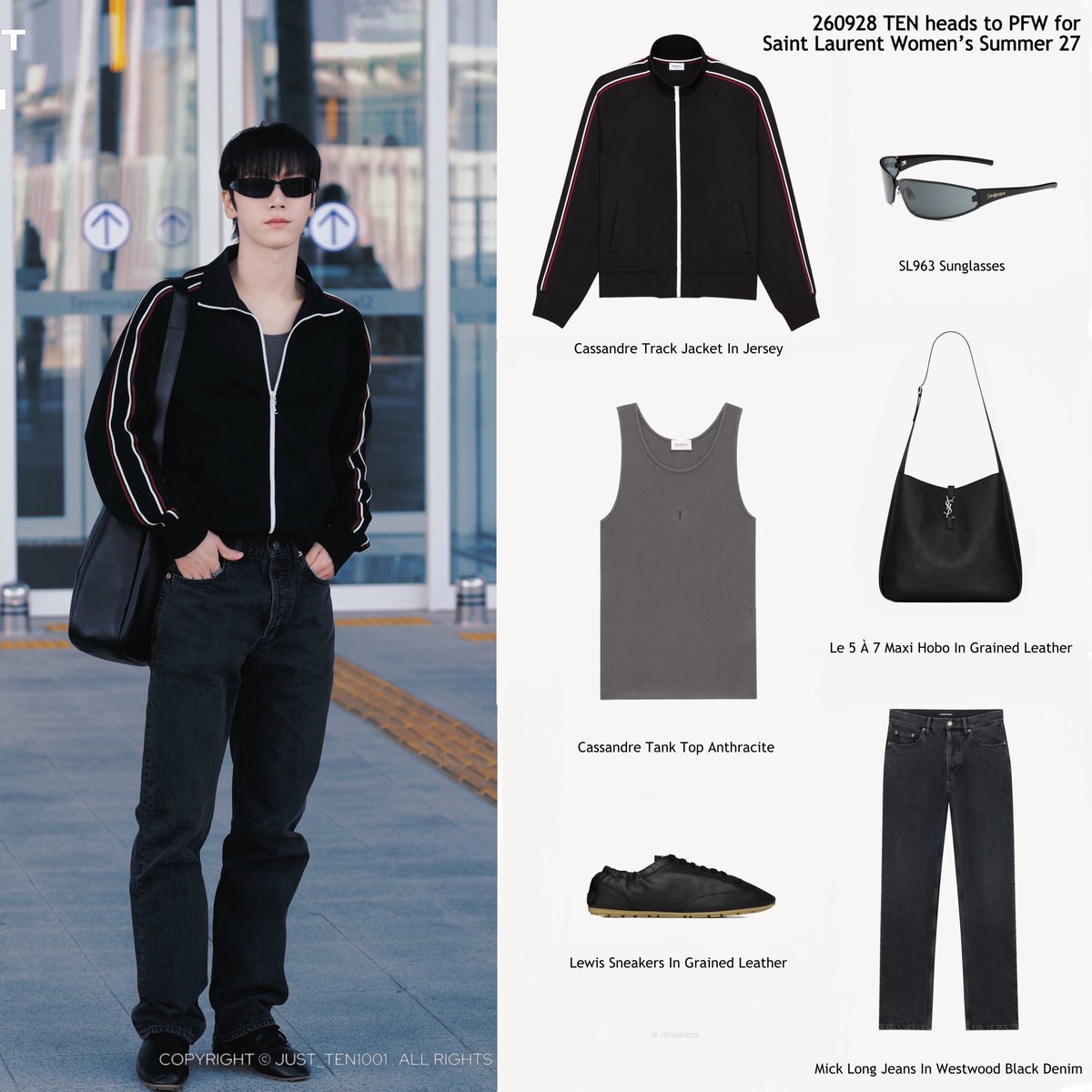 misskloss_1001's tweet photo. 260928 TEN’s airport look for PFW
#TENtoParisFashionWeek
#SaintLaurentxTEN #TEN

SAINT LAURENT @YSL 

Cassandre Track Jacket In Jersey Noir
Cassandre Tank Top Anthracite
Mick Long Jeans In Westwood Black Denim
Sl963 Sunglasses
Le 5 À 7 Maxi Hobo In Grained Leather
Lewis Sneakers In Grained Leather

pic @JUST_TEN1001