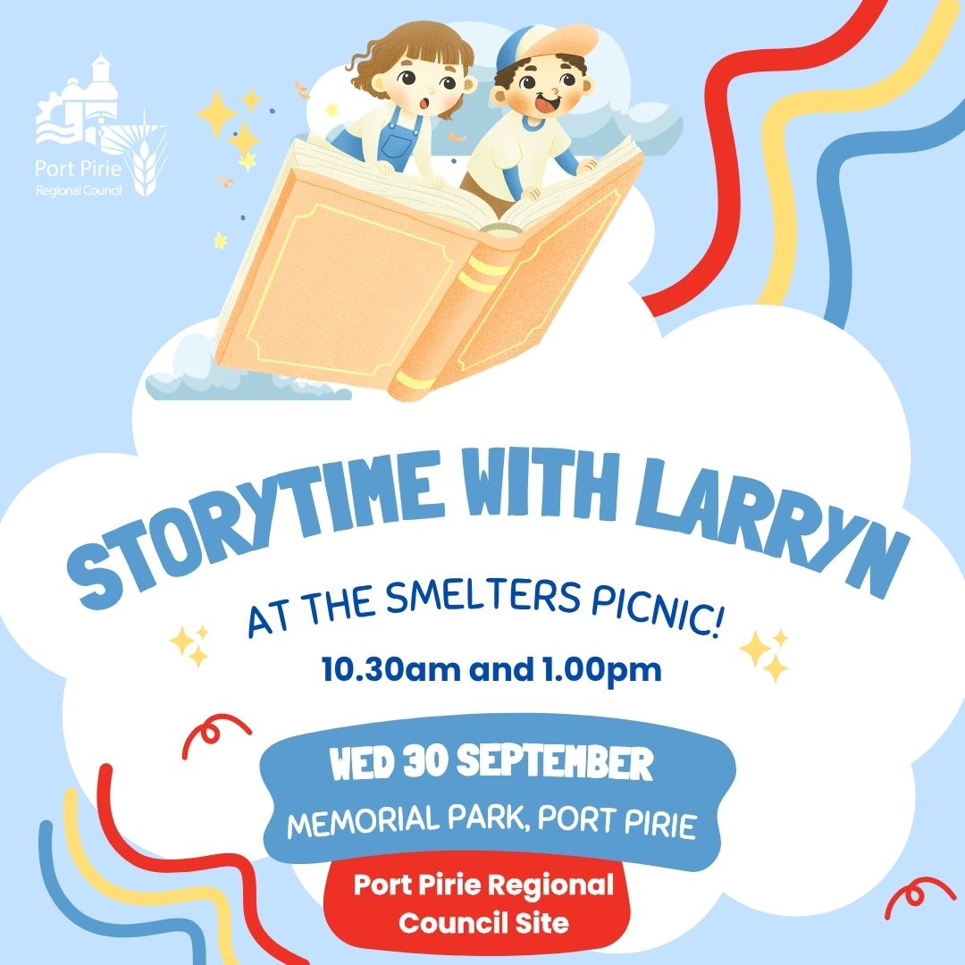 PPRCSA's tweet photo. Storytime with Larryn is coming to the Smelters Picnic!
If your little ones love storytime sessions at the Library, you won't want to miss these fun sessions at the Smelters Picnic.
📅 Wednesday 30 September
⏰10.30am and 1.00pm
📍 Port Pirie Regional Council site (Memorial Park) https://t.co/4eQ39OV21l