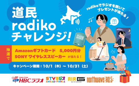 AIRG_FM's tweet photo. 📣10/1(木)からスタート！

／
北海道民放ラジオ4局合同キャンペーン
「#道民radikoチャレンジ！」📻
＼

期間中、radikoでラジオを聴くと
抽選で合計14名様に
🔈特製ロゴ入りSONYワイヤレススピーカー
💴Amazonギフトカード
など豪華賞品が当たります🎁💫

▽詳しくはこちら
https://t.co/VNGiJNm3eJ

#ドウミンラジコ