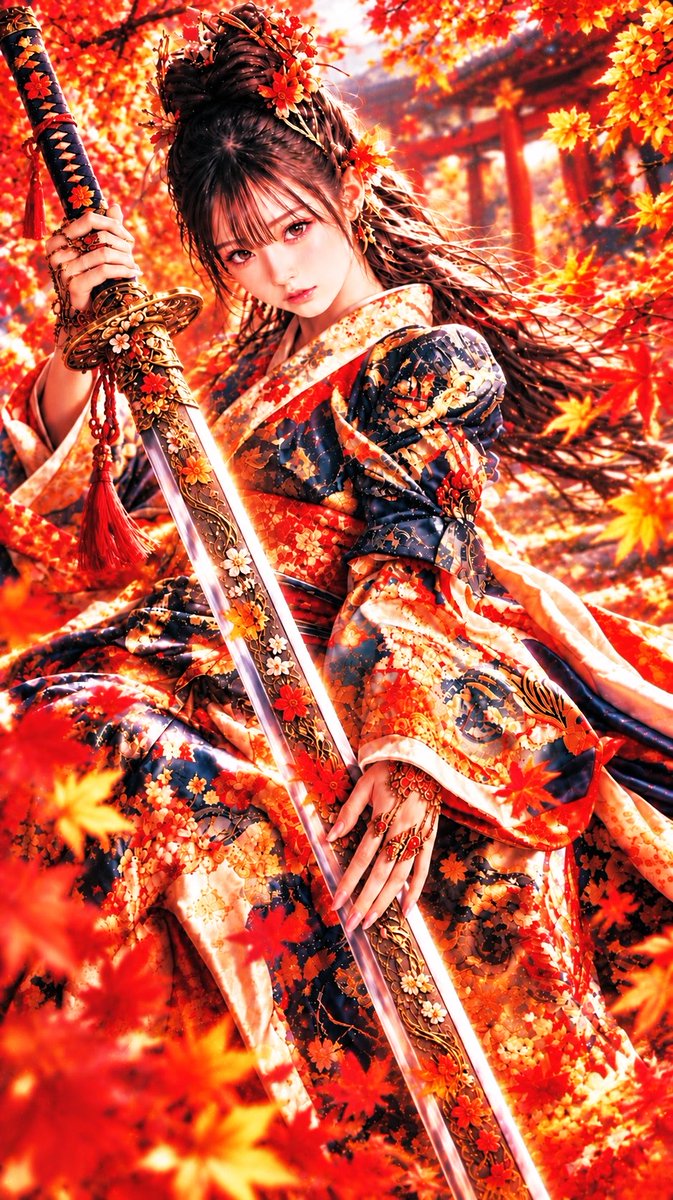 Riri000567's tweet photo. #AIart #AIGenerated #AIArtwork #Autumn #MapleLeaves #Momiji #Samurai #Kimono https://t.co/aTHbZqmdxS