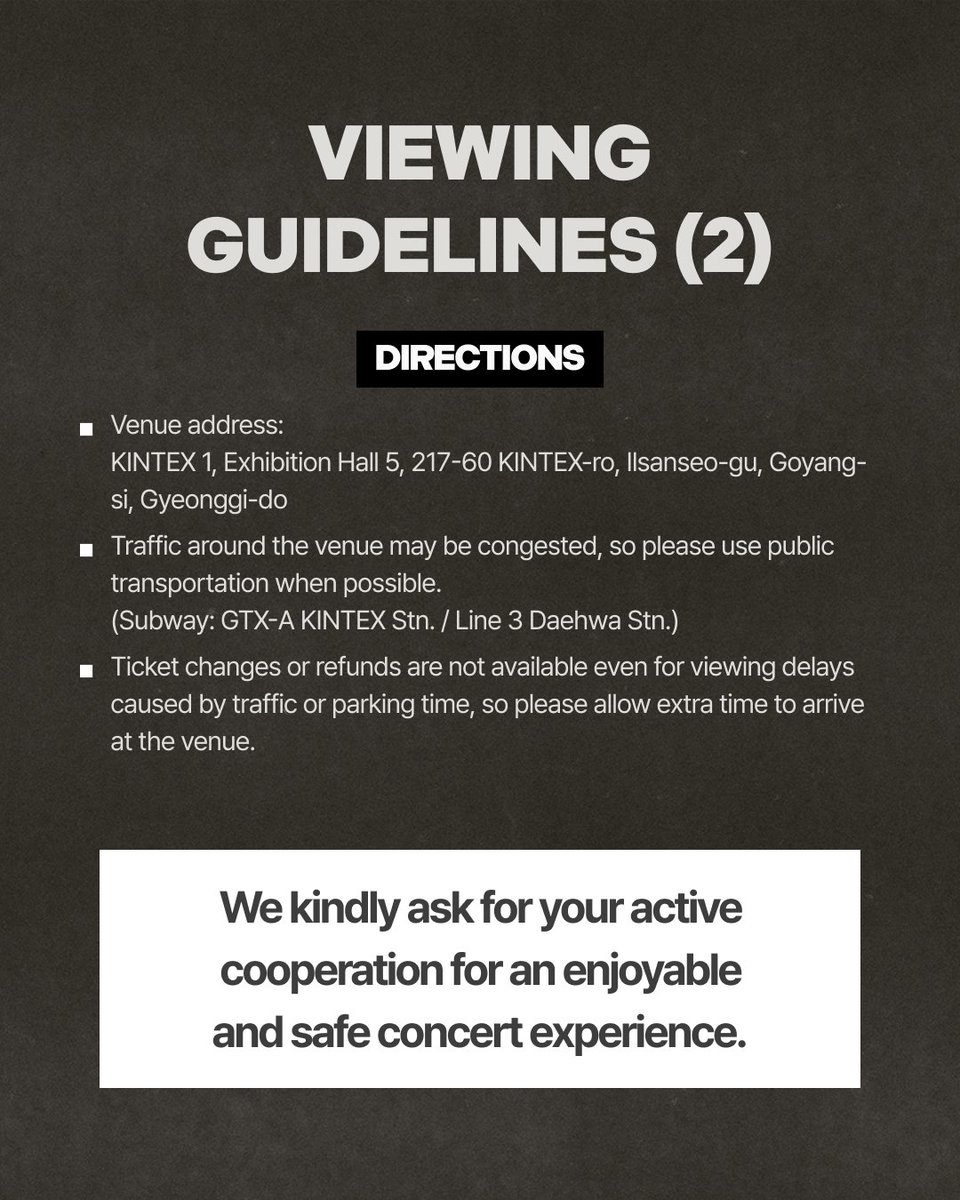 DOHKYUNGSOO_X's tweet photo. 2026-2027 DOH KYUNG SOO
CONCERT TOUR [DAY OFF] IN SEOUL
CONCERT GUIDE

For an enjoyable and safe concert,
please check the image for more details🖤

📅 2026.10.02(FRI) 7:30PM (KST)
📅 2026.10.03(SAT) 5PM (KST)
📅 2026.10.04(SUN) 5PM (KST)
📍 KINTEX 1, EXHIBITION HALL 5

#도경수 #DOHKYUNGSOO
#DAY_OFF