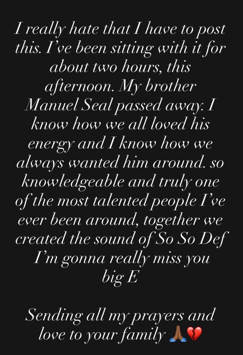 Mimi1970Elusive's tweet photo. Producer/composer Manuel Seal has passed away, according to Jermaine Dupri, via Instagram.

Seal shared credits with @MariahCarey in great hits like Always Be My Baby, Honey (So So Def), It’s Like That, We Belong Together as well as in deep cuts like: Long Ago and Last Kiss.

RIP https://t.co/pT0y4wzR3j