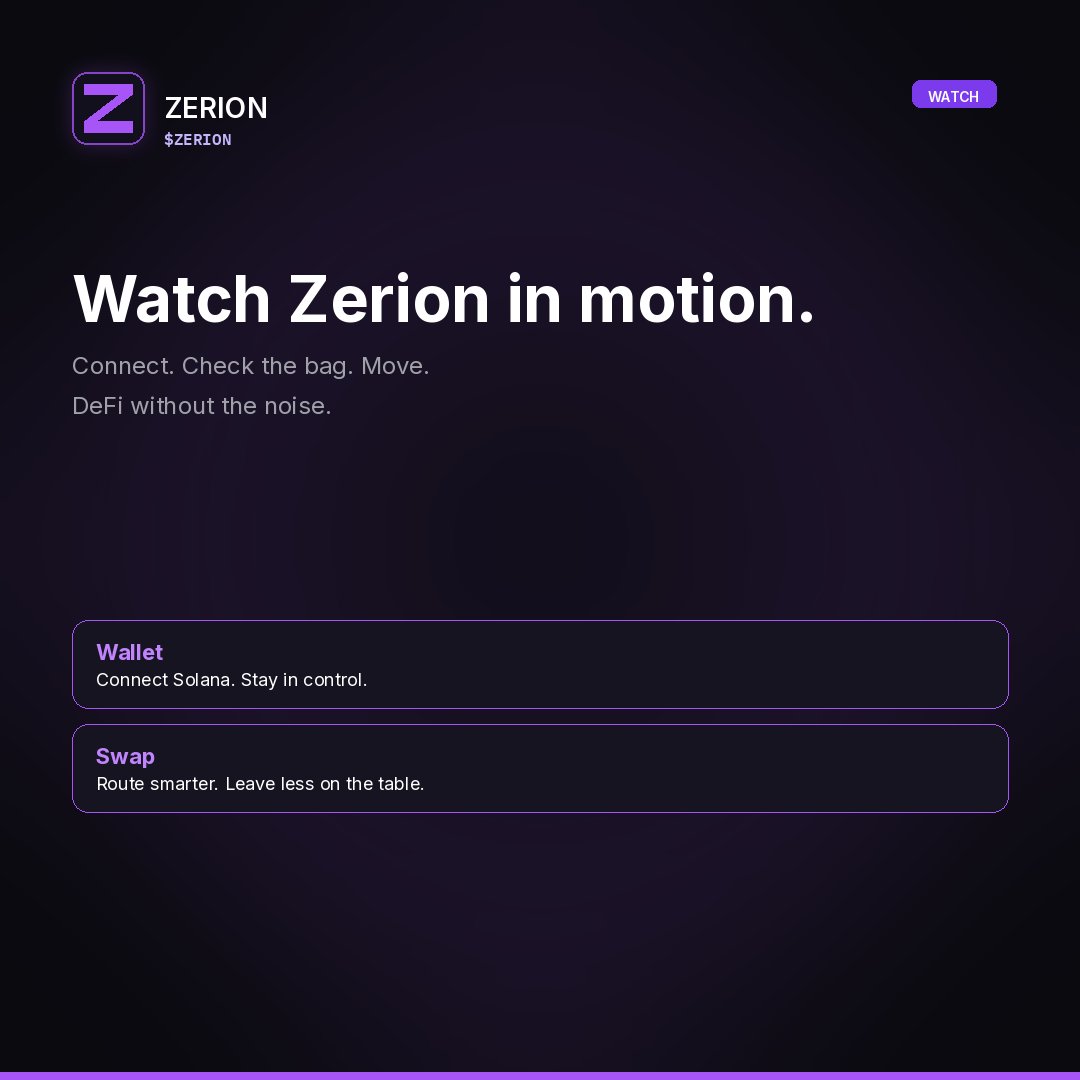 zerionspace's tweet photo. What you get with Zerion:

Portfolio — see your bag at a glance
Swap — route smarter
Yield — put idle capital to work
Solana wallet connect (Phantom / Solflare)
Official CA + Copy on-site
Buy via https://t.co/IfEb6SgHQ8 https://t.co/AKy8EAlzan