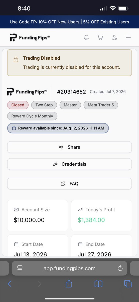 kunaltradess's tweet photo. Hi, I wanted to bring a situation with @fundingpips to your attention.

After a risk and compliance interview, all my accounts were closed. I was told I had blown 29 master accounts, which they considered a loss for Funding Pips.

I spoke with @Khldfx on Discord, and he said I was abusing the 10K accounts by risking around 4% per trade and passing accounts in a single trade.

However, I was following the rules published in their official rulebook. I was also not asked for any documents or compliance verification during the interview.

I still had 5 active 10K master accounts, each with around $1,300 in profit, totaling $6,500.

These were active accounts, the profits were made under the published rules, and the payouts were due to me. Despite this, Funding Pips has told me they will not process the $6,500 payout.

I believe the $6,500 I earned on these 5 accounts should be paid, and I’m asking for this case to be reviewed publicly and fairly.
 @propfirmeye @TrustedPropHub @PropFirmMedia @PropFirmsGuru @PropFirmMatch @propfirmsupdate @propfundsquad @Sai_Prasan @PropTradeSavvy @avikkfp