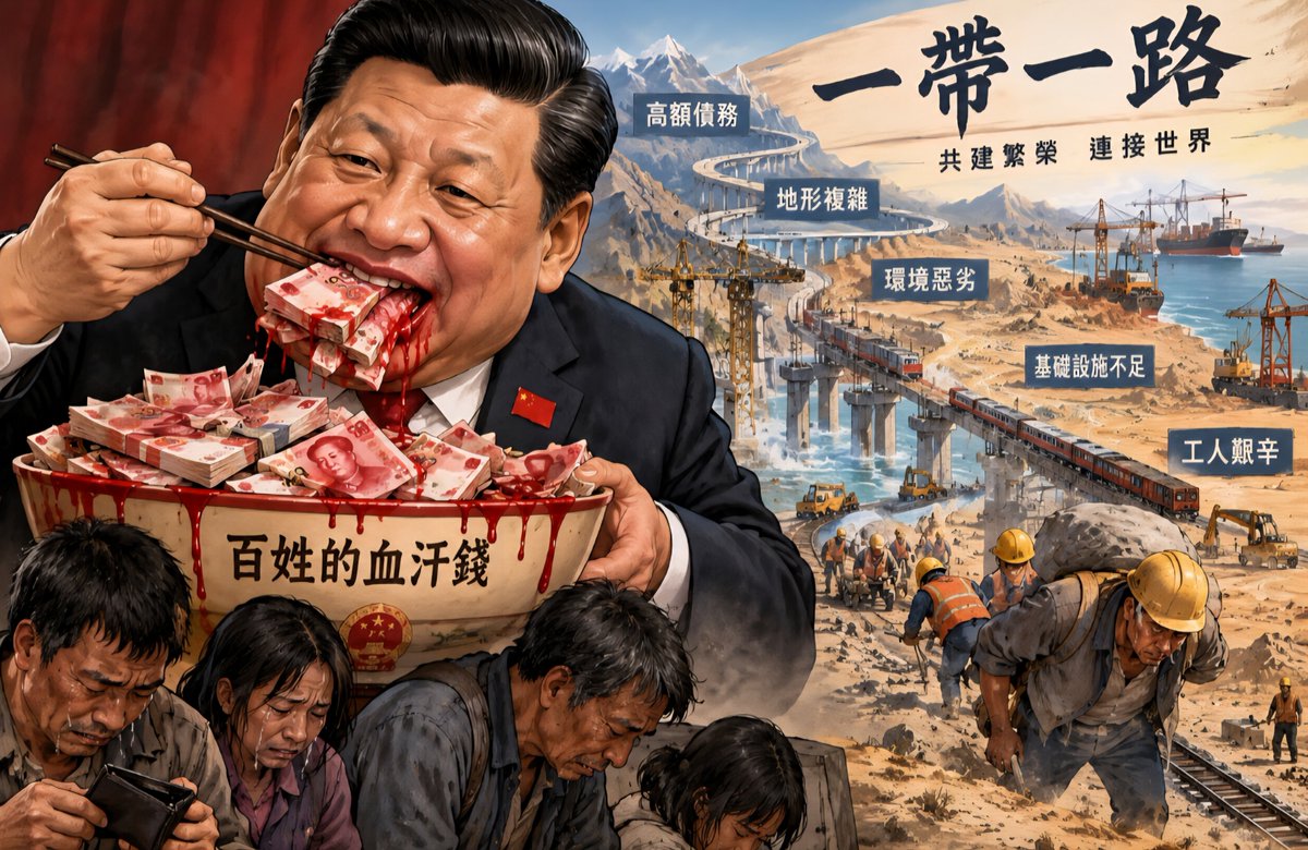 Paeteoncham's tweet photo. 前景描繪權力與民間資源的對比，背景則呈現「一帶一路」大型基礎建設工程，以及其中可能涉及的債務、環境與勞工議題。 
你怎麼看？ https://t.co/vFjZvypkHA