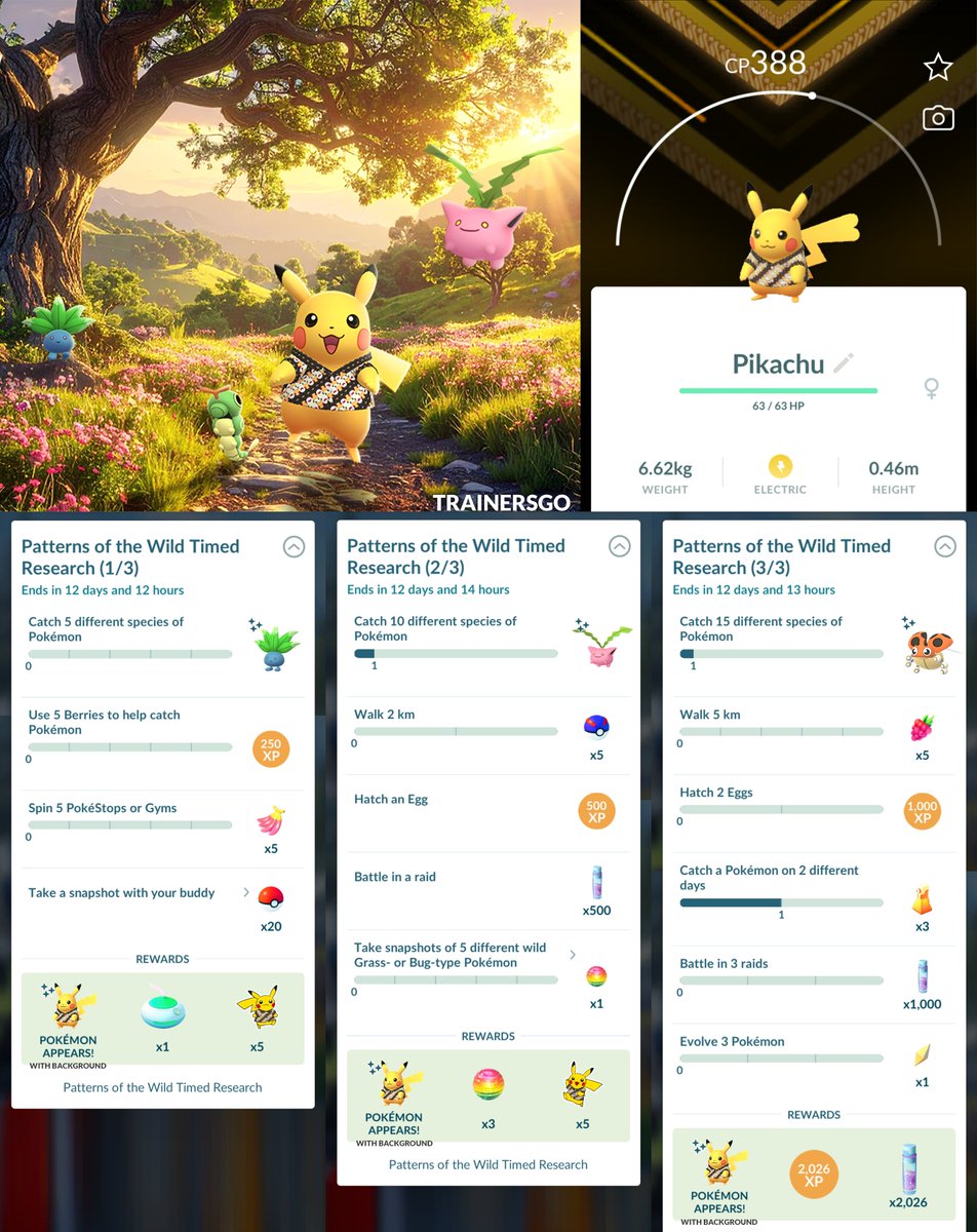 trainersgo2022's tweet photo. 🌿 Ya está disponible la Investigación Temporal del evento local “Patterns of the Wild” en Pokémon GO, el cual es solo para Indonesia.

▶️ INVESTIGACIÓN TEMPORAL GRATUITA
🔹 3 encuentros con Pikachu Batik con Fondo Especial
🔹 Encuentros con Oddish, Ledyba y Hoppip
🔹 1,000 PX
🔹 1,000 Polvo Estelar

▶️ Pikachu Batik con Fondo Especial puede aparecer en su versión shiny ✨

⚠️ IMPORTANTE:
🔹 Por ahora, solo está disponible la Investigación Temporal.
🔹 El resto del evento “Patterns of the Wild” estará disponible el viernes 2 de octubre, de 10:00 AM a 8:00 PM (hora local).

🔵 Lugar: -6.139850,106.815511

#PokemonGO #PokemonGOApp