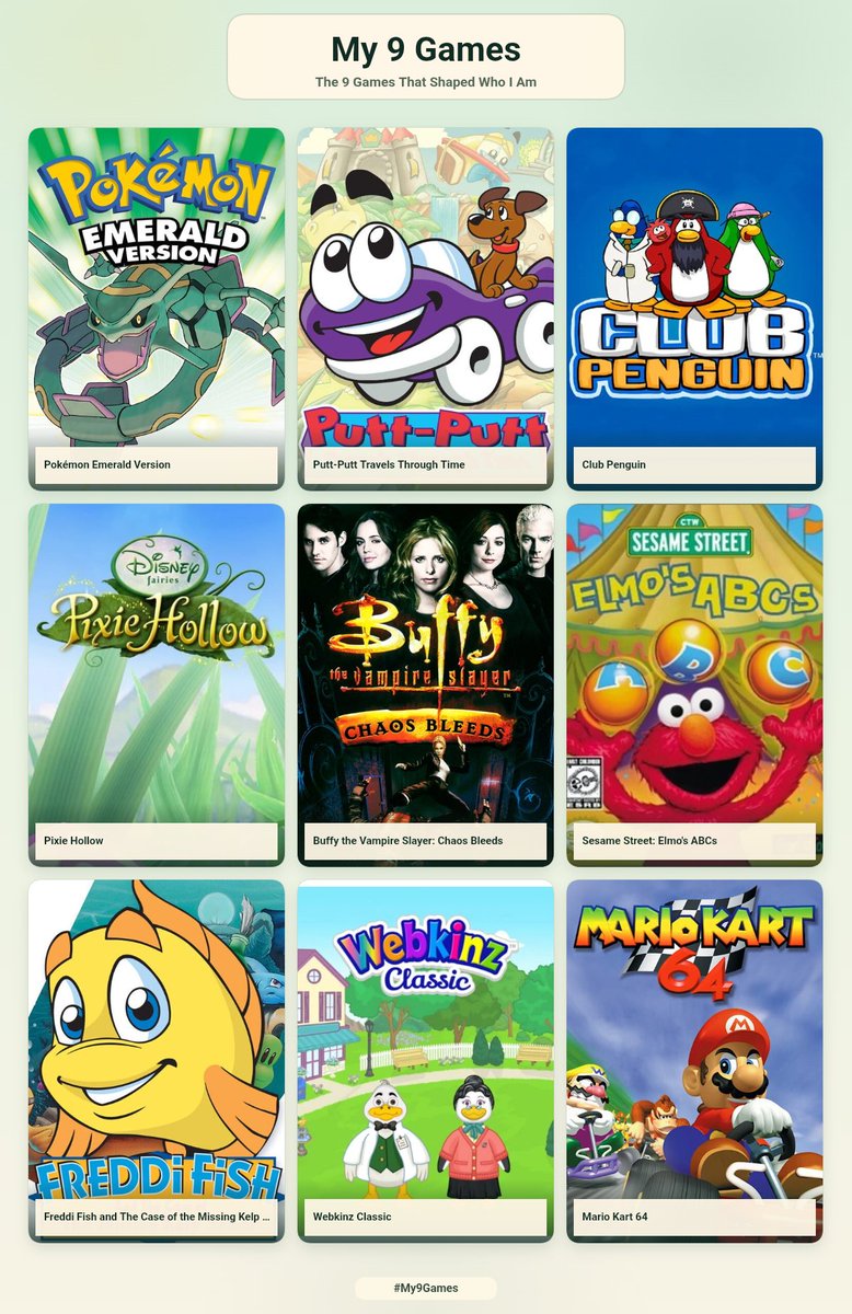 clambatch's tweet photo. 9 games that shaped me but i wanted to represent people who didnt play a real video game until they were 16 https://t.co/Tvr4RmWcHV