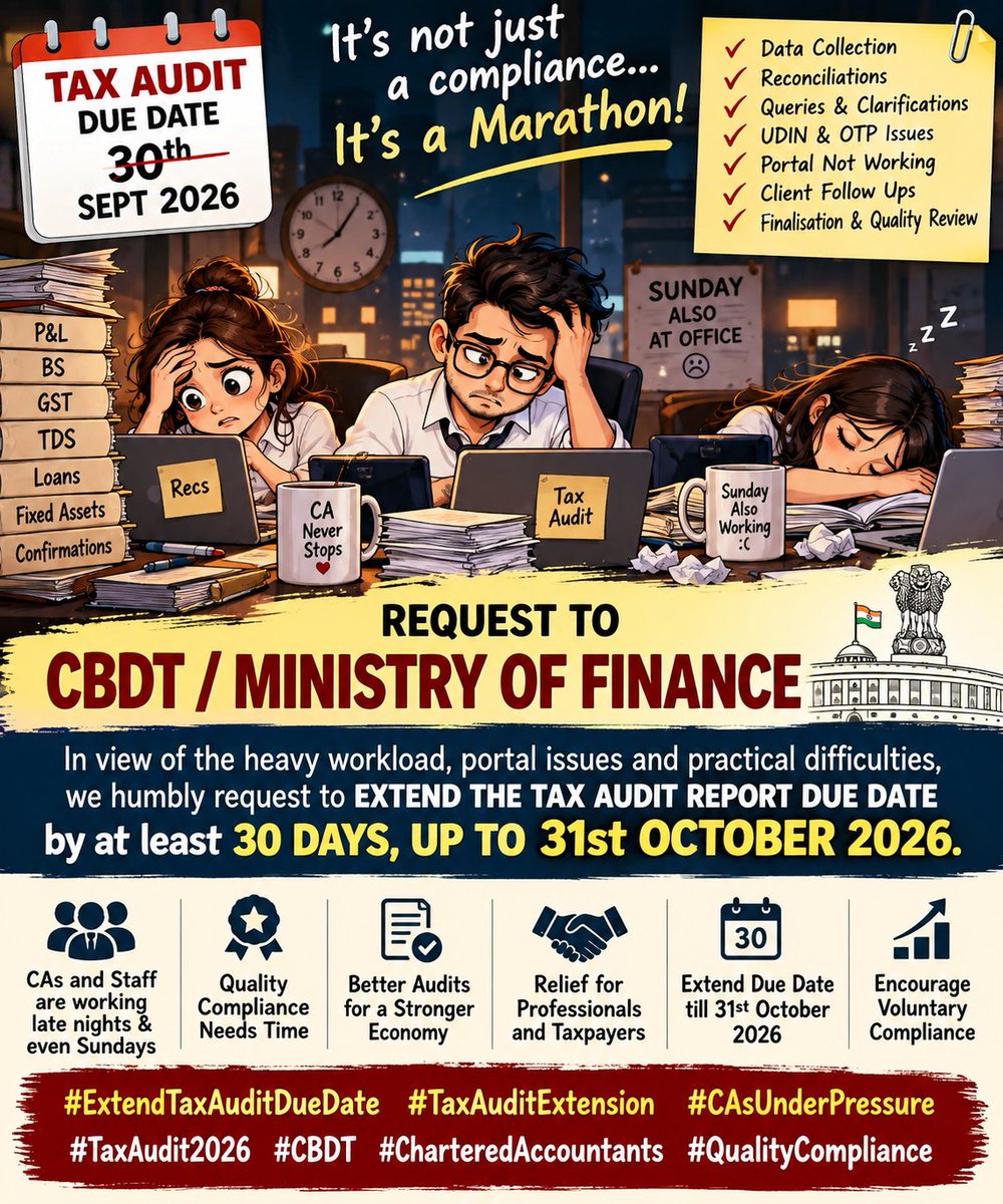 CA_RB007's tweet photo. #ExtendTaxAuditDueDate #TaxAuditExtension #ExtendTARDueDate #TaxAudit2026 #CACommunity #CharteredAccountants #TaxProfessionals #CBDT #FinanceMinistry #ExtendTAR #TaxCompliance #CAandStaff #TaxAuditDeadline #31October2026 #GiveReliefToCAs https://t.co/68msgCXib7