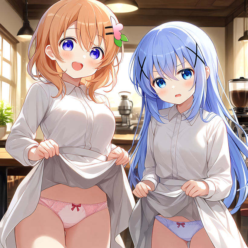 ROMASAGAYO's tweet photo. しぶしぶ生パンティを提供するチノちゃん

「ご注文は何になさいますか？☕」
Ω＜生パン🍞二つ❗
「は～い✨ 生パン🩲二つ、はいりま～す🎉」
「ココアさん💦 一体なにをしているんですか……？」
「生パンを提供してるんだよ✨ ほら二つだって‼️ チノちゃんも手伝って～🎶」
「そんなメニューはありません😑」
「あ～る～よ～～～ほら‼️ここ👇 わたしが昨日こっそり追加しておきました～😤」
「勝手にメニューを追加しないでください……💦」
「でも二つも注文入ったんだよ😳 1個5,000円だから……💴合計1万円だよ～～💸」
「ごっ……💦 ……しょうがないですねぇ、ココアさんは」
Ω＜もっと先もあるのかい？🤔
「はーい🙋‍♀️💕 裏オプション各種取り揃えてまーす🎀」
「うちは喫茶店です‼️💢💢☕」

#チノ #香風智乃 #ごちうさ #ご注文はうさぎですか #ココア