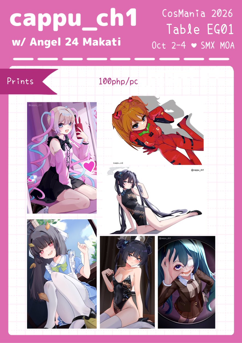cappu_ch1's tweet photo. [ RTs are appreciated 💕 ]

🩷 Here is my catalogue for #Cosmania2026 w/ Angel 24 Makati !

🌸 DoL, Needy Streamer Overload, Evangelion, Blue Archive, Vocaloid

📌 Booth EG01
🗓️Oct 2-4, @ SMX Convention Center

DM for reservations ^_^
#CosplayMania2026 #FanFairatCosplayMania2026 https://t.co/xNoiw8akNu