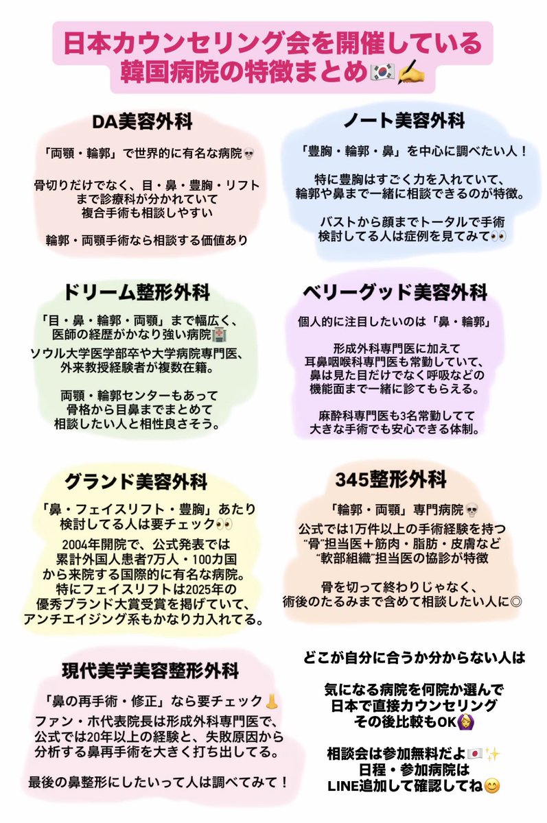 ＼ 渡韓整形初心者さん必見‼️🇰🇷🔰／

韓国で整形したいけど渡韓経験すらないと
何から準備すればいいか分からなくない？😭

「何日滞在する？」「どこ泊まる？」「現地の移動は？」とか、手術以外にも考えること多すぎて😵

そんな人におすすめなのが『日本カウンセリング会』🇰🇷✨

韓国美容専門のエージェンシー主催で
渡韓整形のサポートまでしてもらえるよ✨

もちろん渡韓・整形経験ある人も参加OK！
相談会限定の特典や割引がある病院も😳🩵

興味ある人はLINE追加して、参加病院・日程覗いてみてね〜！参加無料だよ😊

予約・相談LINE👉 https://t.co/KN9uGj2uhW

【PR】【日本カウンセリング会】