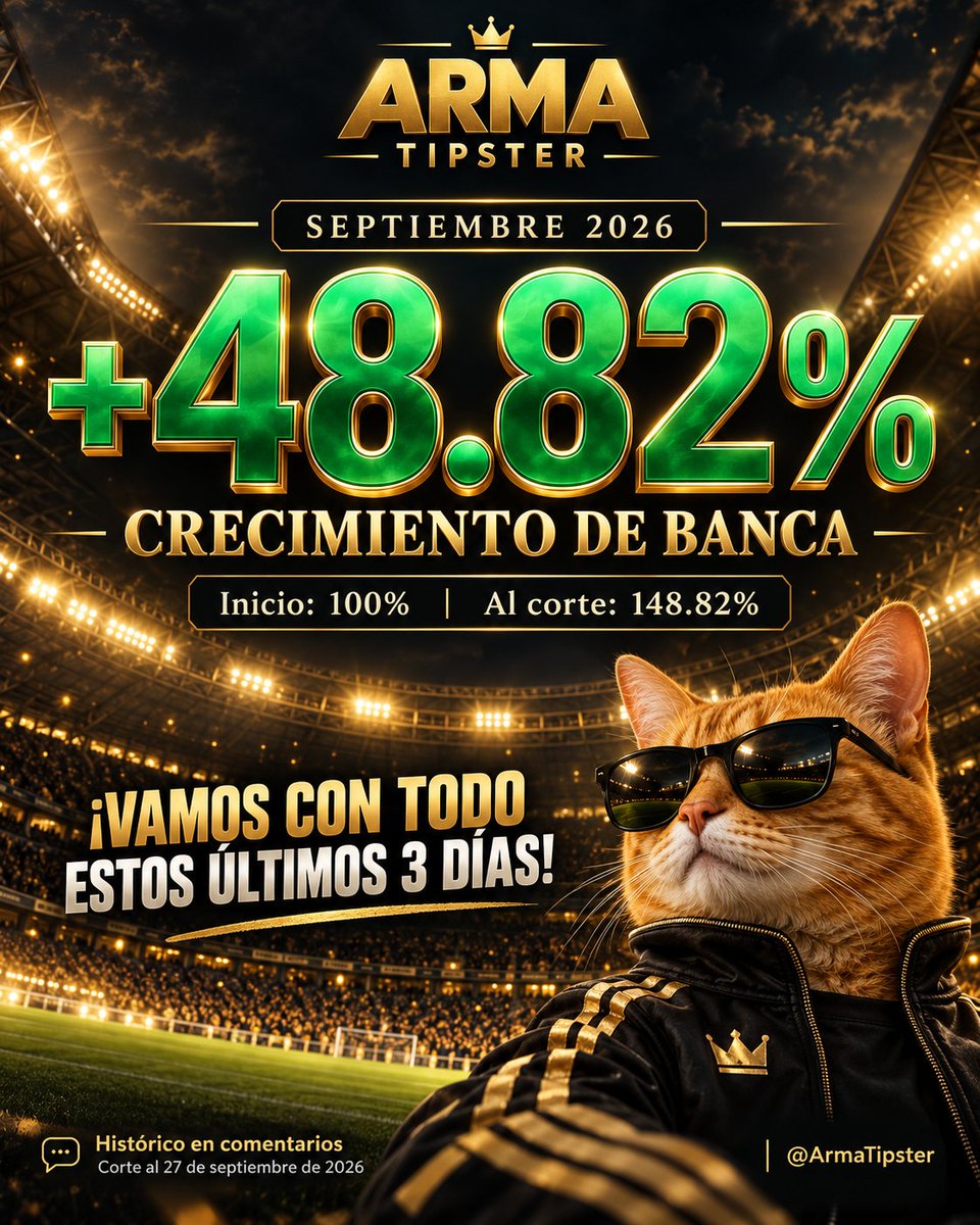 ArmaTipster's tweet photo. Vamos +48.82% de banca SOLO EN SEPTIEMBRE! 🔥🔥

Empezamos el mes en 100% y al corte de hoy vamos en 148.82%, no todo ha sido color de rosa, también nos han tocado días bien rojos los últimos fueron de esos....

SIN EMBARGO Aun nos quedan tres días para cerrar el mes y vamos con todo 💪 buscando buenas oportunidades y cuidando la banca

Para quienes van llegando hago modelados de fútbol y comparto mis apuestas con momio y stake, Al terminar subo cómo nos fue

Gracias a los que se están sumando ❤️