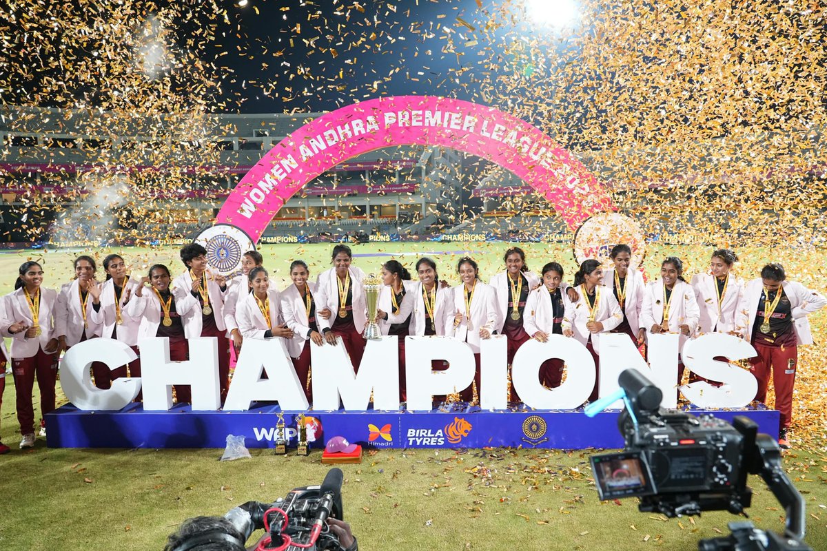 brahmaninara's tweet photo. Heartfelt congratulations to Royals of Rayalaseema on winning the inaugural Women's Andhra Premier League (#WAPL) final at Mangalagiri! Kudos to Godavari Golden Eagles for a fantastic fight.

Shoutout to 'Player of the Tournament' E. Padmaja & 'Player of the Match' A. Sireesha for their outstanding performances! 

The spectacular drone show and fireworks added extra magic to this grand event. Kudos to #AndhraCricket for empowering state women's cricket!