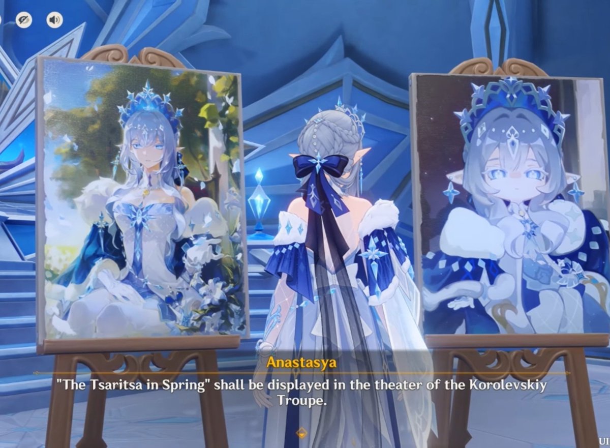 hourlytsaritsa's tweet photo. The tsaritsa choosing all the paintings to be hung in their respective places, and also choosing the painting her secretary made to hang in the palace 

It’s just so adorable, i loved this quest 🥹 https://t.co/EelGHIr0Wt
