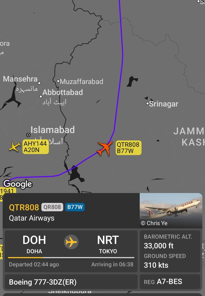 TheAccoundant's tweet photo. Unusual PAF activity was reported over Rawalakot, PoJK, and the Islamabad vicinity last night, coinciding with deviations by several commercial flights from their routine routes.
Reports also indicate a Qatar Airways bound for Sialkot diverted and landed at Jammu Airport.  #loc https://t.co/Yl1e4gspqN