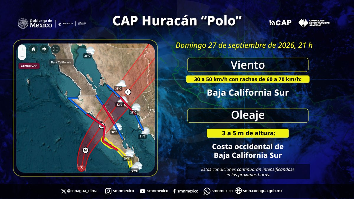 conagua_clima's tweet photo. El #SMNmx emitió un CAP por efectos de #Huracán, para mayor información consulta el siguiente link.

https://t.co/nN4aGaz6WV

Asimismo, consulta toda la información respecto a #Polo en el siguiente enlace.

https://t.co/VVYNAkfJiY https://t.co/7xVKkxkGG0