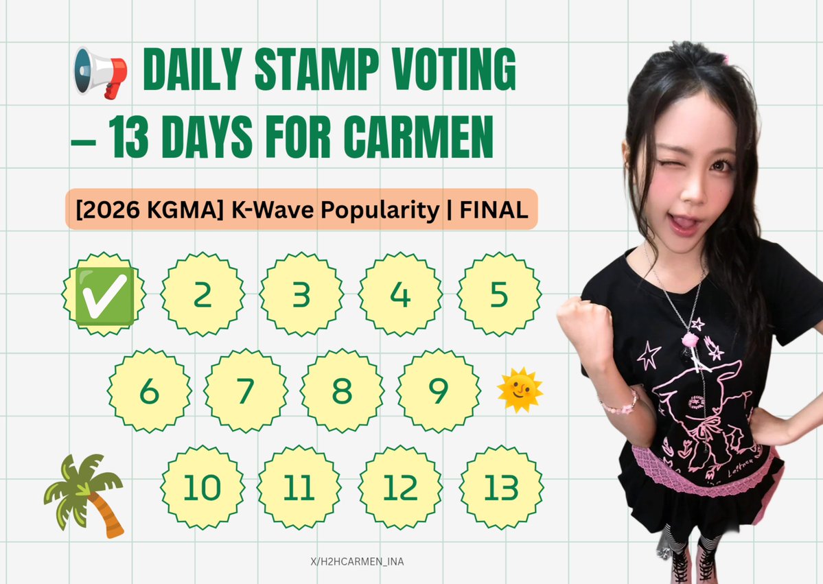 H2HCARMEN_INA's tweet photo. 📢 DAILY STAMP VOTING - 13 DAYS FOR #CARMEN

HARI KE-1 [2026 KGMA] K-Wave Popularity | FINAL ✅

Hachu, jangan lupa untuk mulung 💙 (Check-in, Free Roulette, Nonton Iklan) dan vote CARMEN tiap hari. Let's go sehari 3 votes!

#Hearts2Hearts #카르멘
@Hearts2Hearts https://t.co/t5JWWNEnL2