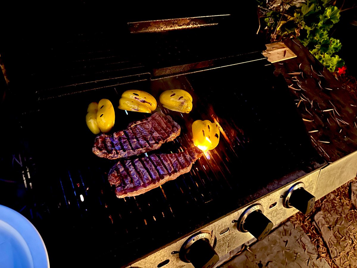 Sk8Couch's tweet photo. Bison steaks and peppers. These steaks are so lean you barely have em on the grill before they’re done. 2 minutes a side and they’re perfect https://t.co/fDBvVosAvz