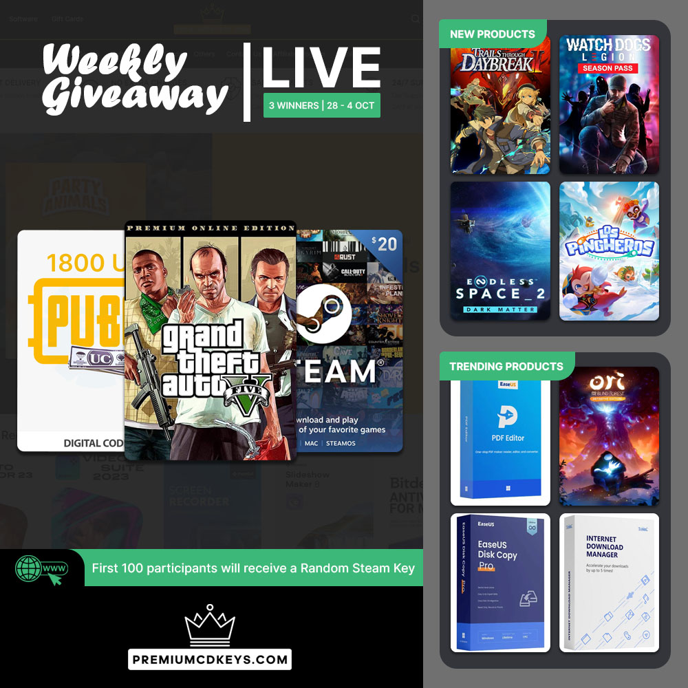 premiumcdkeys's tweet photo. Our Weekly #Giveaway is Live!

Participate for a chance to win GTA V Online Premium Edition Rockstar Games, #Steam $20 USD Gift Card and #PUBG Mobile 1800 UC Gift Card.

To participate visit: https://t.co/VbPTceYOOI

#Contest ends on 04 October 2026, 3 Winners will be selected randomly! #Giveaways