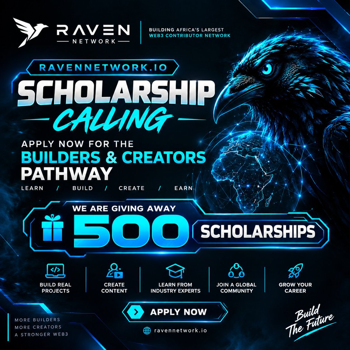RavenNetworkHQ's tweet photo. 🎓 RAVEN NETWORK SCHOLARSHIP APPLICATIONS ARE OPEN! 

We’re giving away 500 scholarships to the Raven Community! 

Choose your pathway:

🧑‍💻 Web3 Creator Pathway
Build your skills in content creation, storytelling, community building, and Web3 education.
🛠️ Web3 Builders Pathway
Develop your Web3 building skills and learn how to turn ideas into real projects.

How to be eligible:
Apply through the scholarship application link:
https://t.co/DGa0aR2APl

Tag 5 friends who should join the opportunity.

Quote and repost this announcement.
Encourage your friends to apply too.

500 scholarships.

If you’re ready to learn, build, create, and grow in Web3, this is your opportunity to get started.

Apply now and share it with 5 Ravens.
