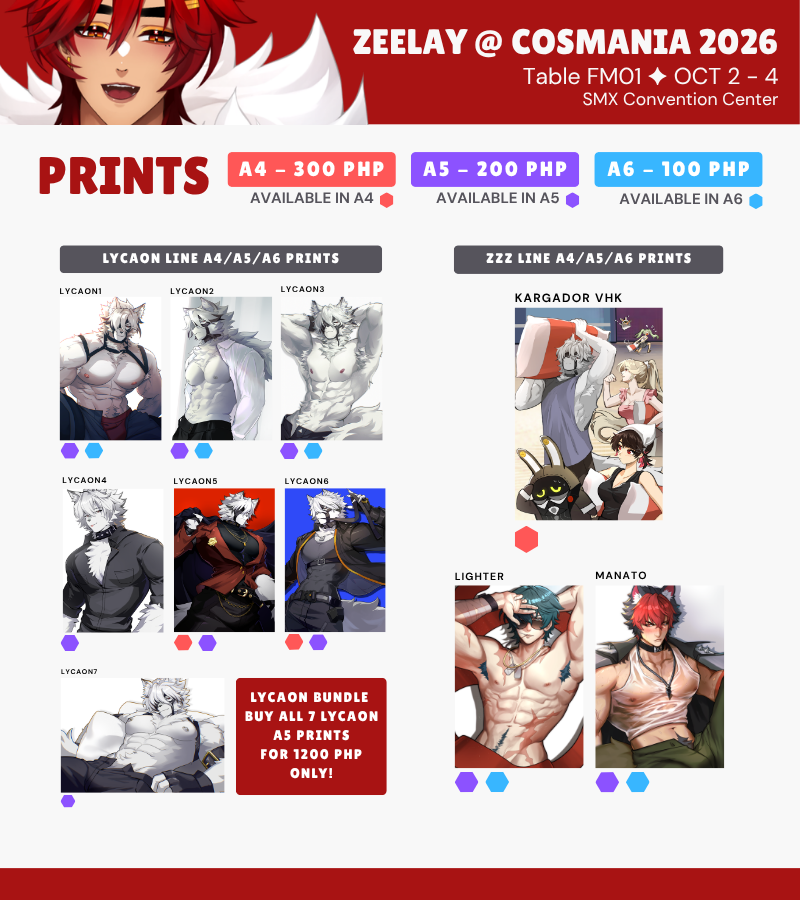 zeeartem's tweet photo. RTs |❤️ are appreciated!
#CosplayMania2026 Catalog

✦ Table FM01
✦ No Pre-Orders / Reservations for now ( Sorry I will rest this week ) 🥲
✦ lycaon, zzz, ow, hsr, avallum, invicta/harmony

 #FanFairAtCosplayMania2026 https://t.co/SIz2TxfCJp