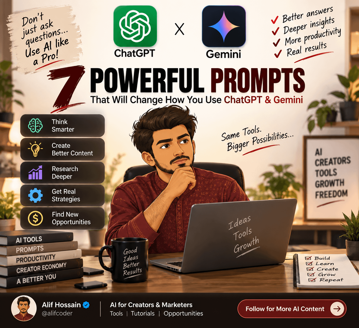alifcoder's tweet photo. 🚨 STOP using ChatGPT & Gemini like a search box.

Most people ask AI to “write this for me” — then wonder why the answer feels average.

Power users do it differently.

They give AI a ROLE, a GOAL, CONTEXT, and a clear OUTPUT.

Here are 7 powerful prompts that will completely change how you use AI: 🧵👇