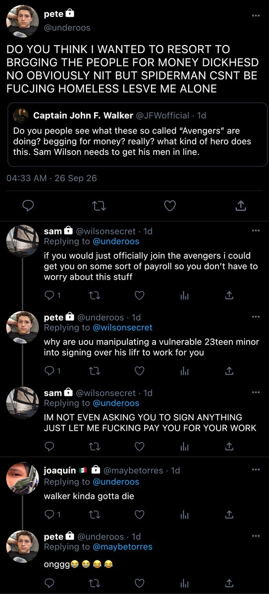 kittycatlix's tweet photo. breaking news: EVIL vigilante known as spiderman FORCES the ENTIRETY of nyc to send him $5000 to fund his ILLEGAL activities (pay his bills and buy a loaf of bread) https://t.co/6bw7tNWDWS