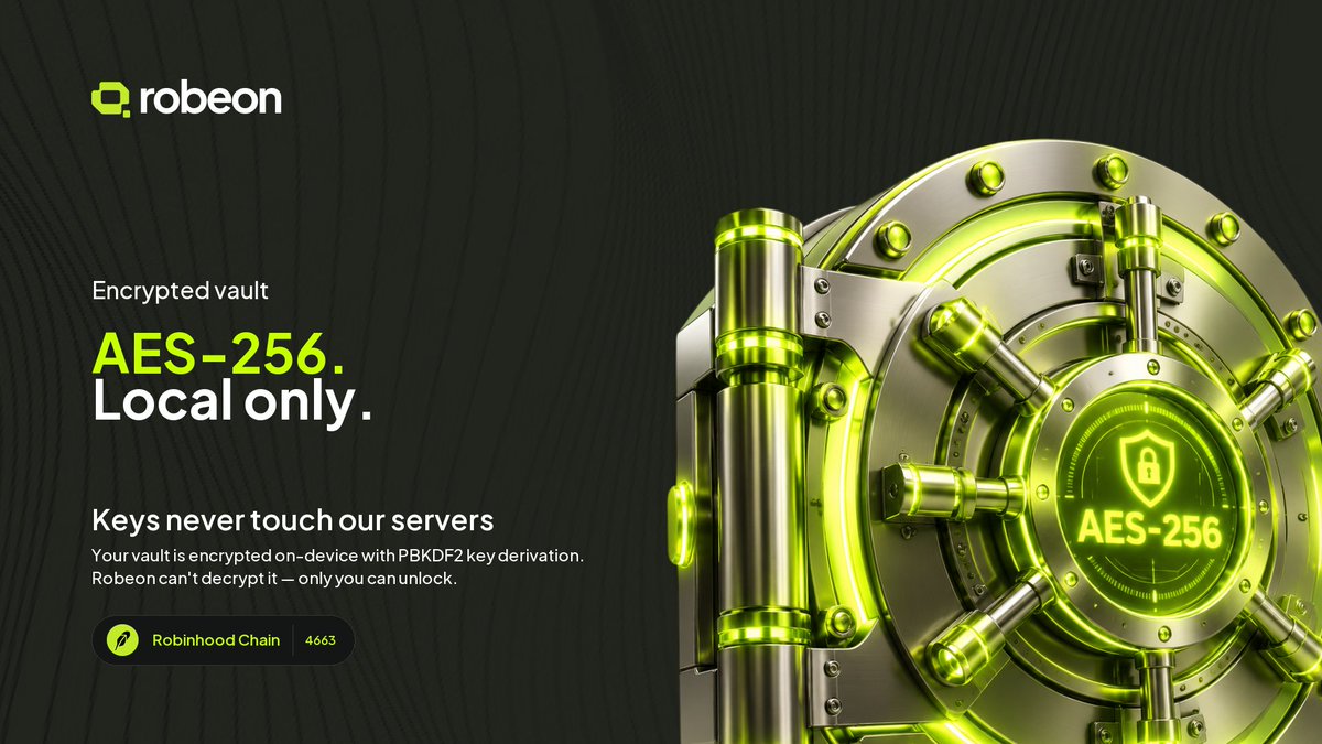 RobeonDeFi's tweet photo. AES-256. Local only 🛡️
Your vault is encrypted on-device with PBKDF2 key derivation. Keys never touch our servers only you can unlock.

Encrypted vault
Robinhood Chain 4663

Chrome Extension: https://t.co/hPDGzOFxMb

https://t.co/B5a2SMfopY

Not affiliated with Robinhood Markets, Inc.
#RobeonWallet #TokenizedStocks #RobinhoodChain