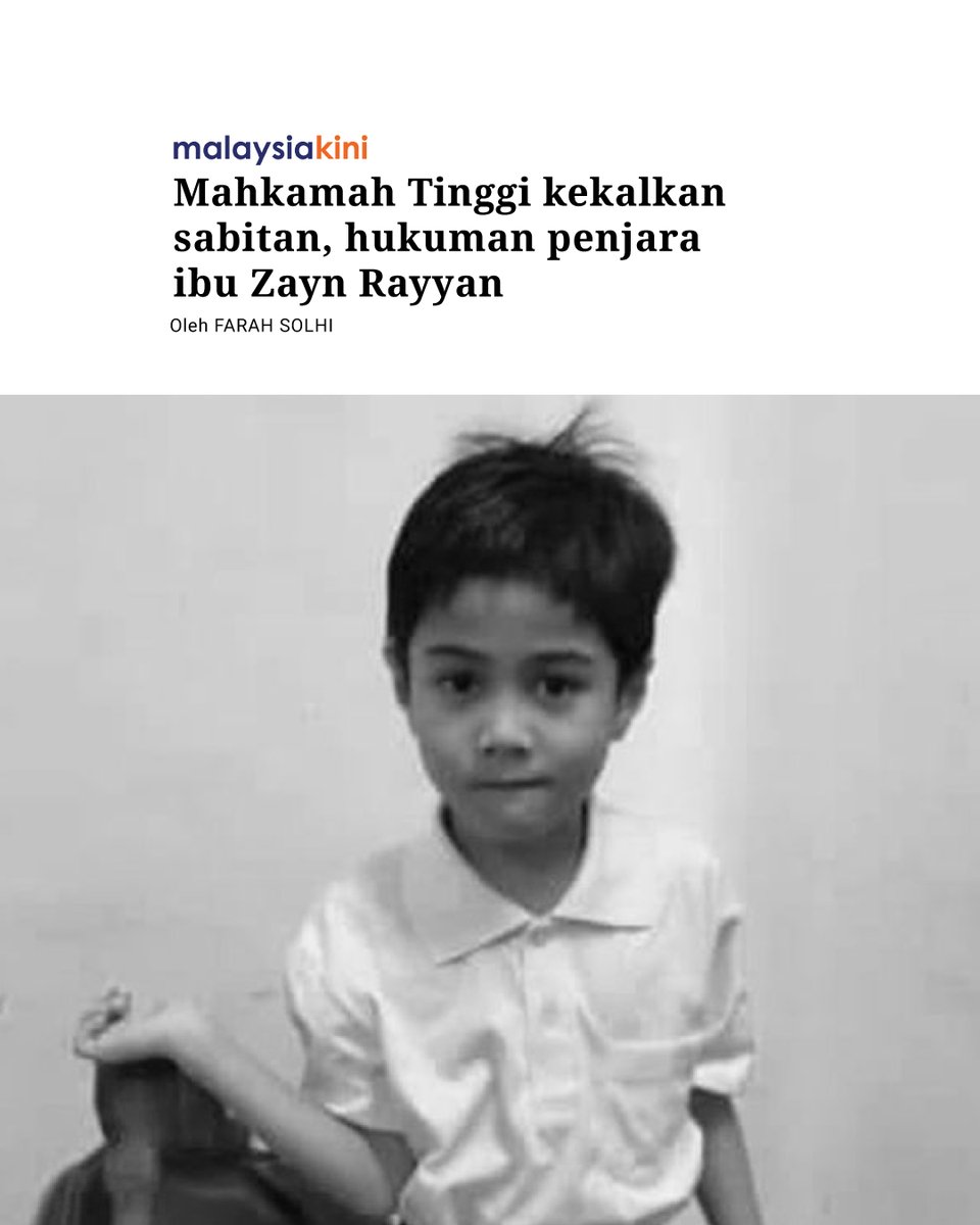 mkini_bm's tweet photo. Mahkamah Tinggi Shah Alam hari ini mengekalkan sabitan dan hukuman penjara terhadap ibu Zayn Rayyan Abdul Matin, Ismanira Abdul Manaf, atas kesalahan pengabaian kanak-kanak.

Dalam penghakimannya, Hakim Noor Hisham Ismail mendapati tiada kesilapan yang boleh dirayu dalam keputusan mahkamah rendah selepas meneliti rekod rayuan serta hujah bertulis dan lisan kedua-dua pihak secara menyeluruh.

Ismanira, 31, didakwa mengikut Seksyen 31(1)(a) Akta Kanak-Kanak 2001 pada tahun 2024 atas tuduhan mengabaikan Zayn dari 5 hingga 6 Disember 2023, sehingga boleh menyebabkan kecederaan fizikal kepadanya.

Berita penuh: https://t.co/CIpv5yK0ya