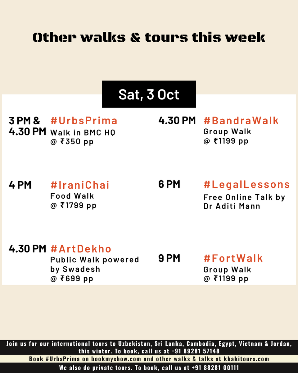 Khaki_Tours's tweet photo. This weekend, G se nikle…
Gandhiji & Ghosts
ABCDEFG…G se nikla Gandhi Jayanti. And on the occasion, we are tracing Mahatma Gandhi’s footsteps in the city. Join us for the #AzadHind walk on Friday morning and evening, and a special #Freedom4Kids walk for school children on Friday evening.
Gandhi Jayanti will be over in a rush, it’s also the period of Pitrupaksha – when the spirits of dead ancestors are supposed to visit the earth. You just might bump into a few of them on the #GrislyGirgaon ghost walk from Thursday to Sunday night.
Pitrupaksha is also observed in Andhra, let’s move to Bandra. Join us for multiple walks in Bandra this weekend: #BandraWalk on Saturday evening, #Bandra4Kids on Sunday morning, and #BandraByTheSea on Sunday evening.
Bandra doesn’t need support, let’s go to Fort. We have multiple walks in Fort too this weekend: #FortWalk every evening (and also on Friday and Saturday night), #FaithWalk on Sunday morning, #Fort4Kids on Sunday evening, and #UrbsPrima inside the BMC headquarters on Saturday and Sunday.
Fort sets the mood, now let’s eat food – on the #IraniChai food walk on Saturday evening.
Food is cooked in vessels, we have more weekend specials – the #ArtDekho walk powered by the Swadesh store on Saturday evening, and the #LamingtonLore walk on Sunday morning.
The specials are our stars, let’s head to the bazars – on the #BazarWalk every evening from Monday to Saturday.
Bazars me hua danga, onwards to Banganga. Join us for #BangangaWalk on Sunday evening.
At Banganga, we walk. Stay at home for our Online Talk. This Saturday evening, on #LegalLessons, historian Dr Aditi Mann speaks on sculptures, smugglers and the law.
The Online Talk will be live. For recorded talks, view our Online Talks archive – on the Khaki Lab YouTube channel.
The archive will leave you awed. And so will our international tours abroad. Join us for #UltimateUzbek to Uzbekistan in October, #LureOfLanka to Sri Lanka and #AngkorAndMore to Cambodia in November, and #EyeOnEgypt to Egypt, #VietVacay to Vietnam and #JordanJaunt to Jordan in December.
Abroad is rocking. Keep walking!
➡️Book Now: https://t.co/75jZqmNfwN
#GandhiJayanti #KhakiTours #WeekendInMumbai #InternationalTours #SpecialWalks #ExploreMumbai #HiddenMumbai