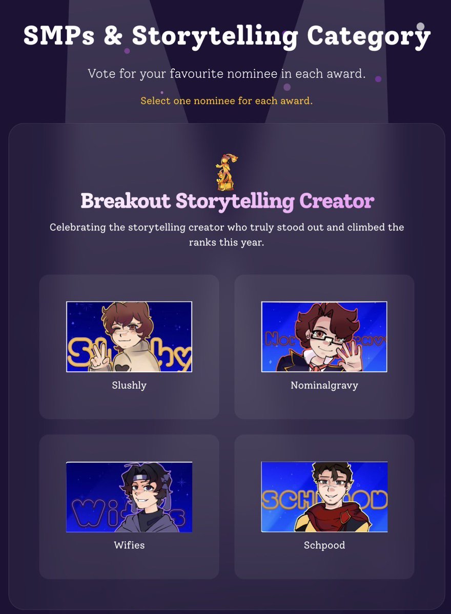 WISPSMP's tweet photo. VOTE THE WISP SMP FOR BEST STORYTELLING SERIES AND @slushly_ FOR BREAKOUT STORYTELLING CREATOR!

VOTING ENDS OCTOBER 11TH: https://t.co/WKkFb2WGLf https://t.co/aFRHOv34PT