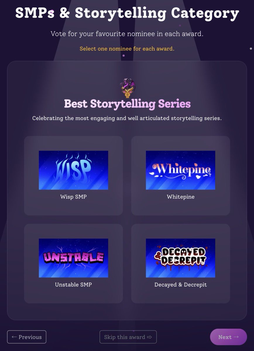 WISPSMP's tweet photo. VOTE THE WISP SMP FOR BEST STORYTELLING SERIES AND @slushly_ FOR BREAKOUT STORYTELLING CREATOR!

VOTING ENDS OCTOBER 11TH: https://t.co/WKkFb2WGLf https://t.co/aFRHOv34PT