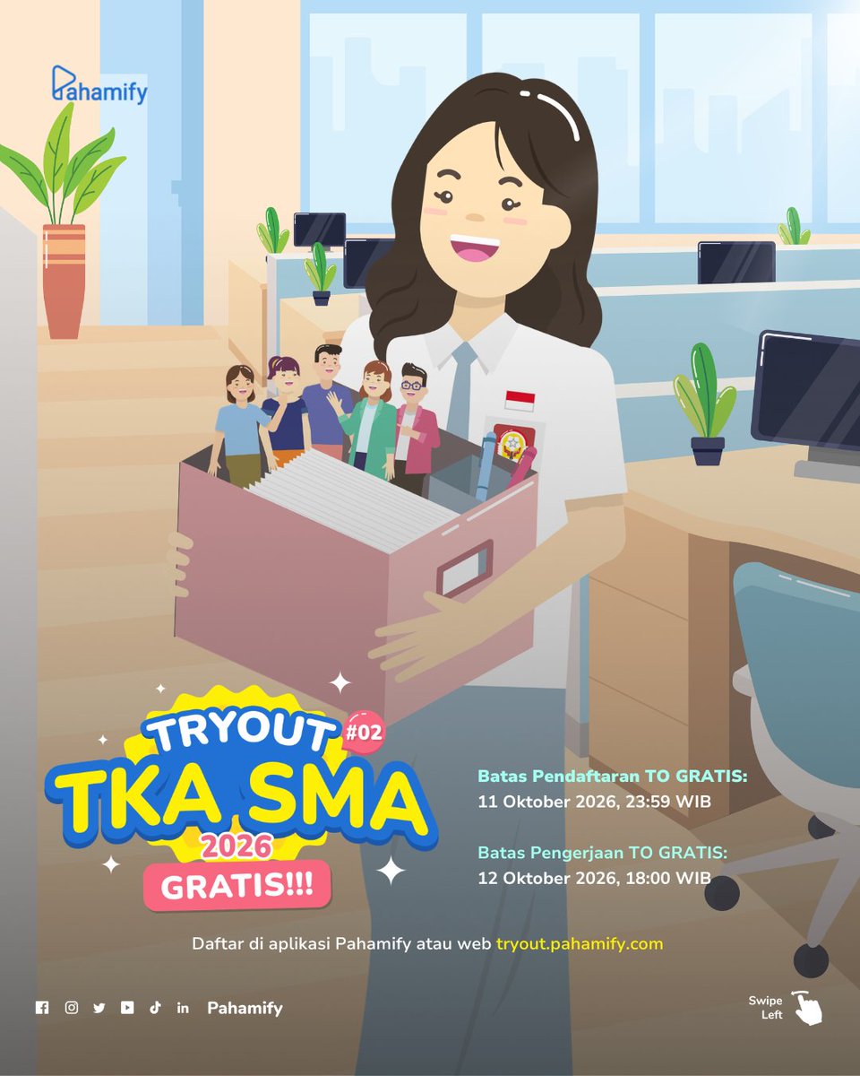 pahamify's tweet photo. 🎊TO GRATIS: Pendaftaran TO TKA SMA 2026 #02 Gratis DIBUKA!🎊

📆Pendaftaran: 28 Sep-11 Okt'26
✏️Pengerjaan: 28 Sep-12 Okt'26

🥇TO PALING UPDATE mengikuti kisi-kisi Kemendikdasmen.

Cara daftar GRATIS di sini ⬇️ https://t.co/clqnWxi5Bx