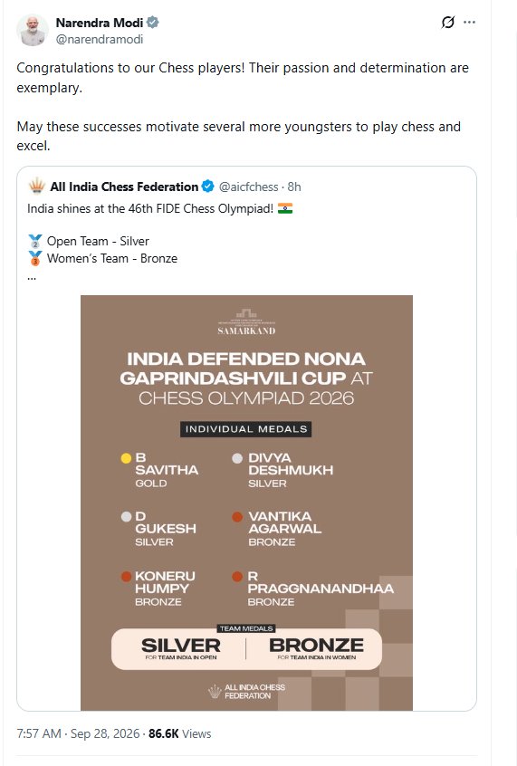 UpendrraRai's tweet photo. PM @narendramodi congratulates the Indian chess players for their exemplary performance at the 46th #FIDE #ChessOlympiad in #Samarkand.

In his post, he wrote, "Congratulations to our Chess players! Their passion and determination are exemplary. May these successes motivate several more youngsters to play chess and excel." @PMOIndia