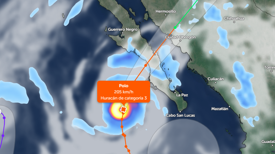 Riodoce_mx's tweet photo. El #Huracán #Polo mantiene su desplazamiento hacia #BajaCaliforniaSur y se prevé un incremento en la intensidad de sus efectos.
De acuerdo con el SMN, esta noche se ubicó a 280 km al suroeste de Cabo San Lázaro, B.C.S., y a 420 km al oeste de #CaboSanLucas, B.C.S.
Desplazamiento actual: Hacia el norte (355°) a 19 km/h
Vientos máximos [km/h]: Sostenidos: 205Rachas: 250.