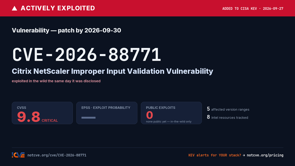 notCVE's tweet photo. CVE-2026-88771: Citrix NetScaler Improper Input Validation Vulnerability

CVSS 9.8

https://t.co/sWkQInINLV https://t.co/bQNZoZNVq4