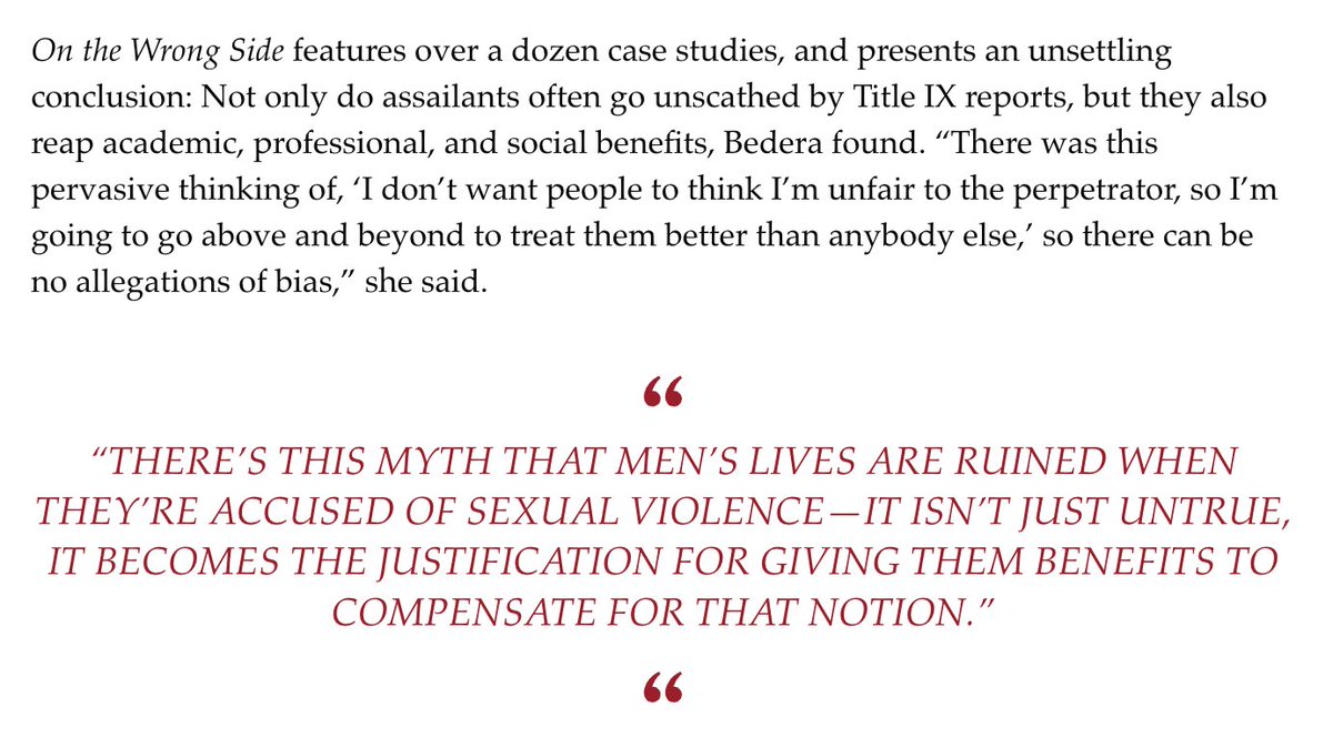 kylietcheung's tweet photo. I can't recommend 'On the Wrong Side' enough. I interviewed the researcher in 2024, this quote stuck with me. Rapists don't just go w/o consequences, they often reap benefits bc the school is so sorry for even investigating them/afraid of seeming 'biased':
https://t.co/jFasOQYLBT https://t.co/4WCp0Ysbkn