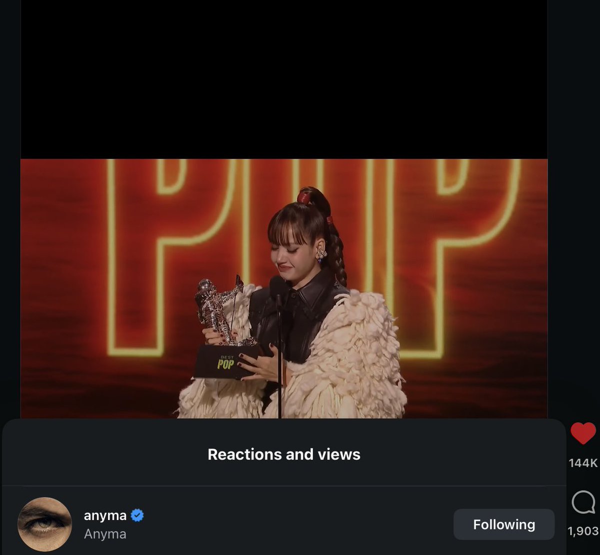 btf0327's tweet photo. Anyma liked the VMA post celebrating LISA’s Best Pop win 🖤 https://t.co/QVq6mnEQ5h