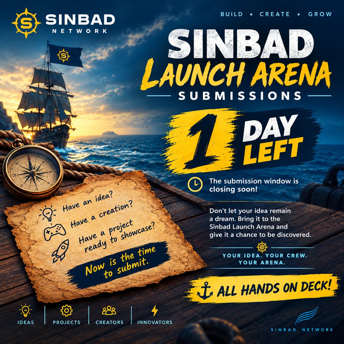 EagleoneBen's tweet photo. 🚨 SINBAD LAUNCH ARENA — 1 DAY LEFT!
💡 Got an idea or project? Submit it NOW.
⏳ Final call. Don’t miss your chance!
YOUR IDEA. YOUR CREW. YOUR ARENA. ⚓
https://t.co/FDpcIr784a
Referral code 👉 reincorp72
#SinbadNetwork #LaunchArena https://t.co/c6D9KdKOtI