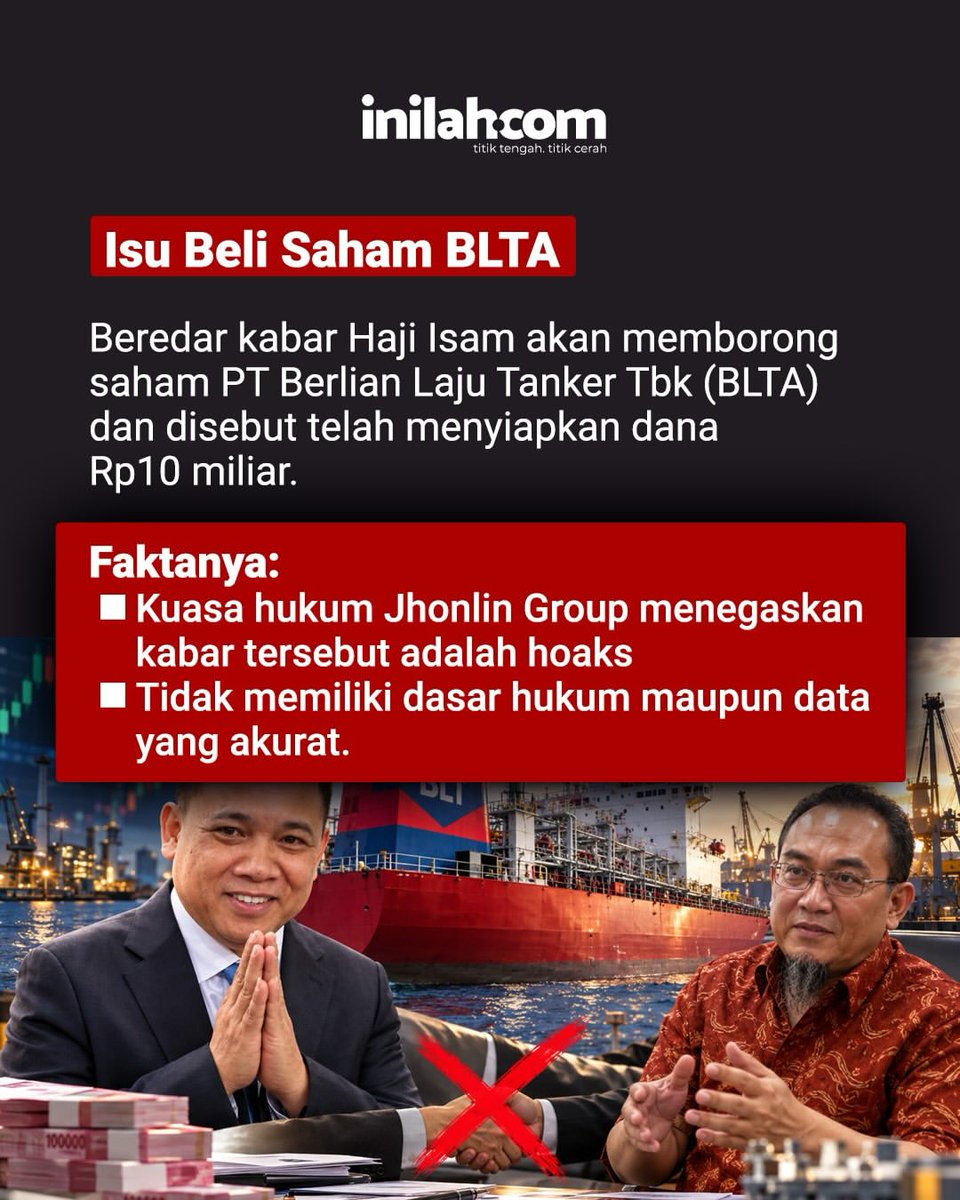 titanando3's tweet photo. Jangan mudah termakan kabar yang belum jelas sumbernya. Isu borong saham BLTA telah dibantah dan disebut tidak memiliki dasar yang akurat Hoaks Terhadap Jhonlin perlu diluruskan.
#JhonlinBantahBorongBLTA #HajiIsamTakMinatBLTA #LagiLagiHoaks https://t.co/GY4bNOMcmF