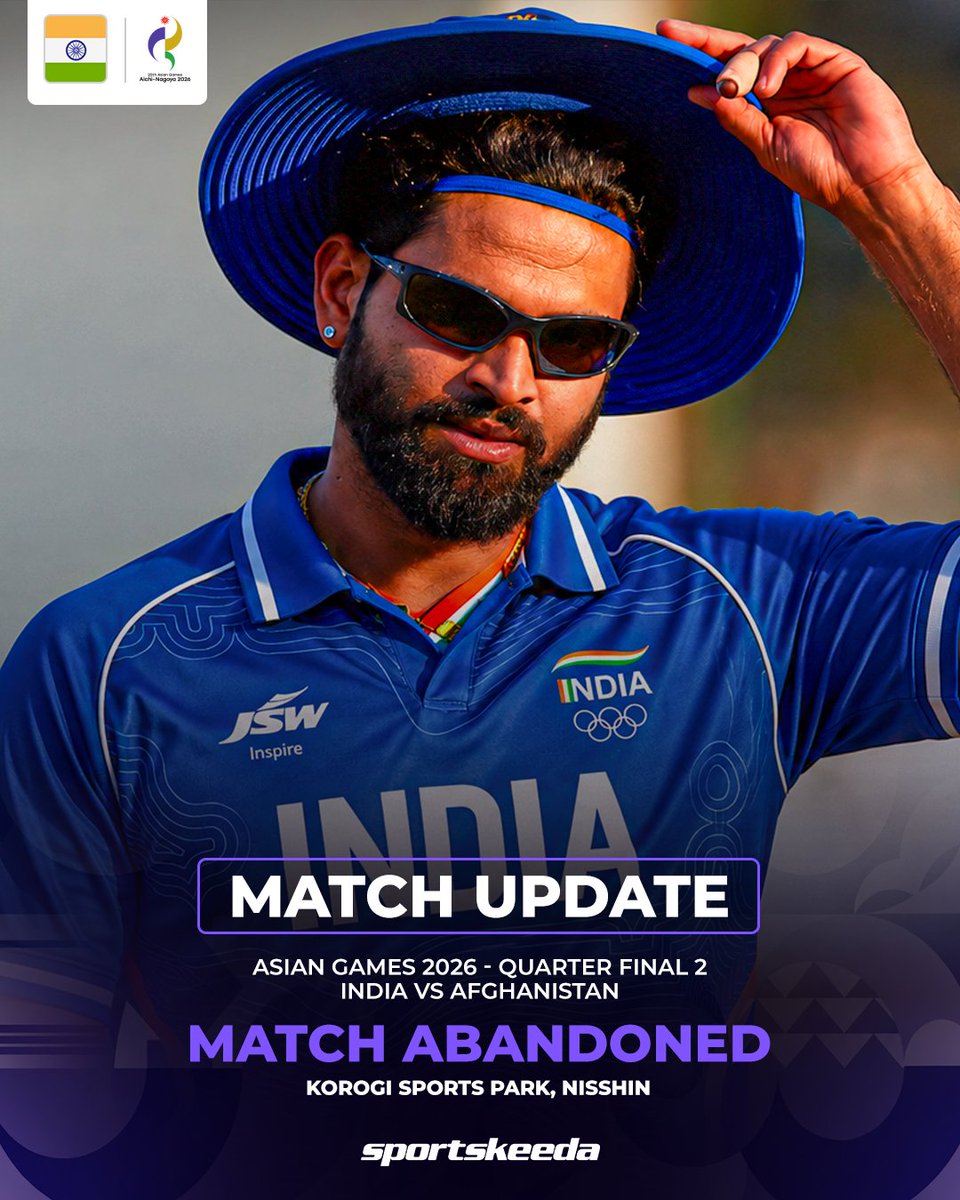 Sportskeeda's tweet photo. 🚨 MATCH UPDATE 🚨
The second quarter-final between India and Afghanistan has been abandoned without a ball being bowled due to rain and a wet outfield! ⛈️❌
India have advanced to the semi-finals! ✅
#INDvAFG #T20Is #AsianGames #Sportskeeda https://t.co/X8sMouKlUh