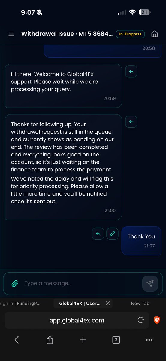 rustyfox1001's tweet photo. @global4ex_com What an irony. Global4EX com. Its been more than 5 weeks no update on the withdrawal.

Withdrawal is skipping every week after week. No update nothing. https://t.co/UxudQczRwF
