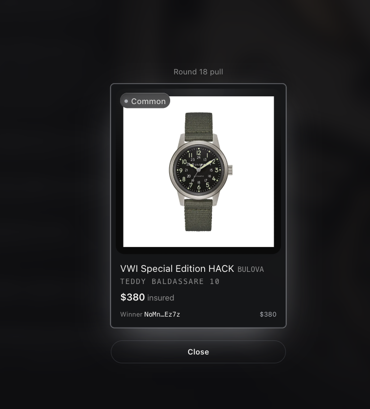 BEZELpulls's tweet photo. Round 18: Bulova VWI Special Edition HACK. Insured at $380.

Winner: NoMnJ4MB7vBRXVnDxqRrfqKJHNZH8K1NykpagoQEz7z
https://t.co/oW55YegQqk

18 watches in one hour, all from trading fees.

Every round, your weight is the lowest balance you held. Selling cuts your odds. Holding keeps you in every draw that follows.

Watch the next one live and check if you won: https://t.co/kqKOrF73Gu

Verify Round 18: https://t.co/8Egutigjx3