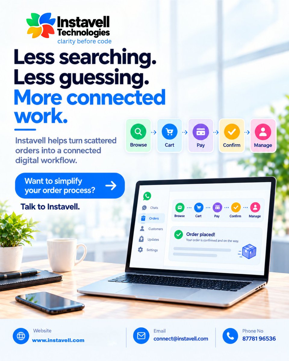instavelltech's tweet photo. Orders shouldn’t get lost in chats, screenshots &amp; follow-ups.

Instavell connects the journey:
Browse → Cart → Pay → Confirm → Manage.
Less searching. Less guessing. More clarity.

Discover Instavell →https://t.co/djvjcw22zi

#InstavellTechnologies #Ecommerce #Automation https://t.co/NcyzKxwhrE